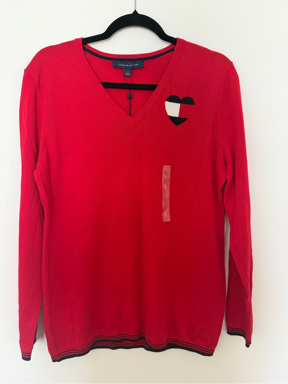 Tommy Hilfiger Red V-Neck Sweater with Contrast Heart Design